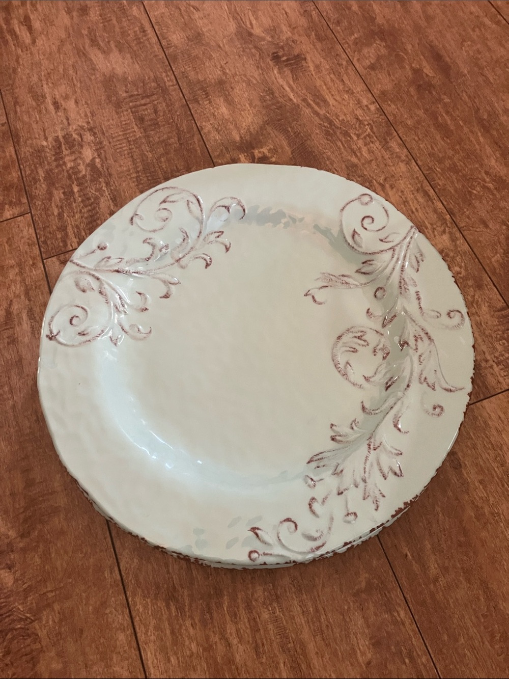 4 Farmhouse Mint Plastic Dinner Plates with Leaves Brown Scroll Accents